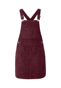 Burgunderfarbener Corduroy-Latzkleid mit gekreuzten verstellbaren Trägern, Fronttasche und silbernen Hardware-Details; strukturierter und knielanger Schnitt.