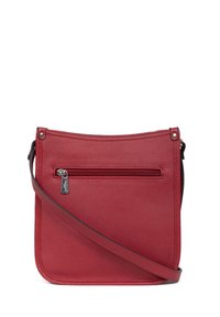 Borsa a tracolla rossa in pelle con una texture liscia, tasca frontale con zip e tracolla regolabile. Forma rettangolare con linee pulite.