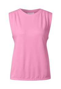 Top rosa senza maniche realizzato in tessuto morbido, con delicate pieghe sulle spalle, scollo rotondo e orlo dritto.