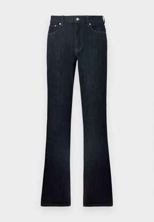 Mørkeblå flagrende denimjeans med en klassisk fem-lomme design, kobbertråd og en knaplukning i taljen.