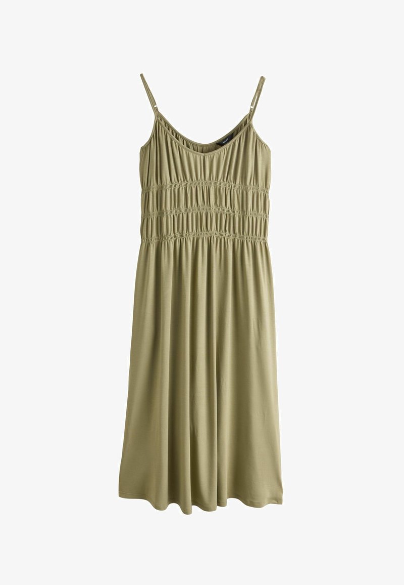 Robe midi sans manches vert olive avec bretelles spaghetti ajustables et détail élastique froncé sur le corsage et la taille.
