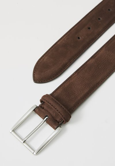 Brown suede leather belt with a silver metal buckle, featuring a smooth texture and multiple adjustment holes along its length.