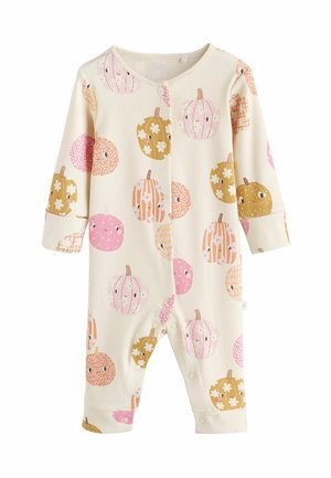 Ribbed fabric onesie featuring a multicolored pumpkin print in pink, orange, and yellow on a cream background. Snap-button closure.