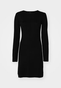 Black long-sleeve dress made of ribbed fabric. Features a fitted silhouette, round neckline, and central seam detail.