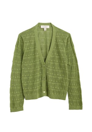 Lichtgroene gebreide cardigan met lange mouwen, V-hals en drie knopen aan de voorkant, met een fijn kanten patroon.