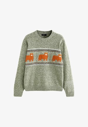 Grön stickad tröja med rund halsringning, texturerat tyg och ett orange djurmönster över bröstet. Ribbad mudd och nederdel.