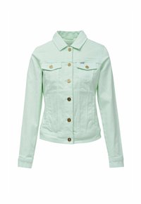 Chaqueta de denim verde menta con botones dorados, cuello, dos bolsillos en el pecho y un diseño ajustado. Presenta costuras decorativas y mangas largas.