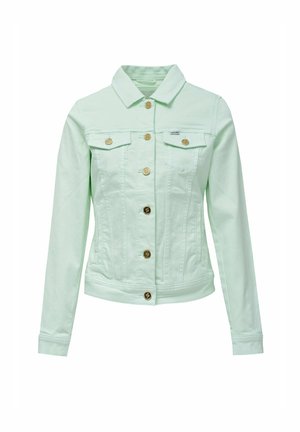 Veste en denim vert menthe avec des boutons dorés, un col, deux poches poitrine et une coupe cintrée. Présente des détails de coutures et des manches longues.