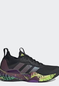 Chaussure de sport noire et violette avec une tige en mesh, languettes d'extraction, trois bandes noires et une semelle multicolore à motifs avec des accents jaunes et verts.
