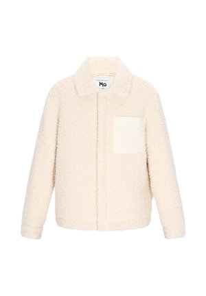 Cremfarbener Fleecejacke mit langen Ärmeln, einem Frontkragen und einer einzelnen glatt strukturierten Brusttasche auf der linken Seite.