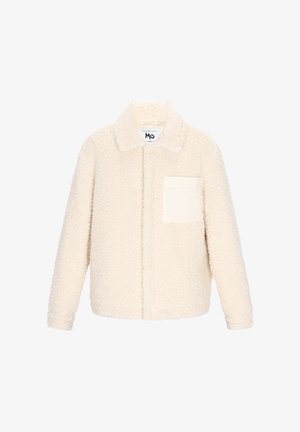 Giacca in pile color crema con maniche lunghe, colletto anteriore e una singola tasca sul petto a texture liscia sul lato sinistro.