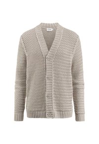Hellbeige gestrickte Strickjacke mit V-Ausschnitt, Zickzackstruktur, fünf Knöpfen auf der Vorderseite sowie gerippten Bündchen und Saum.