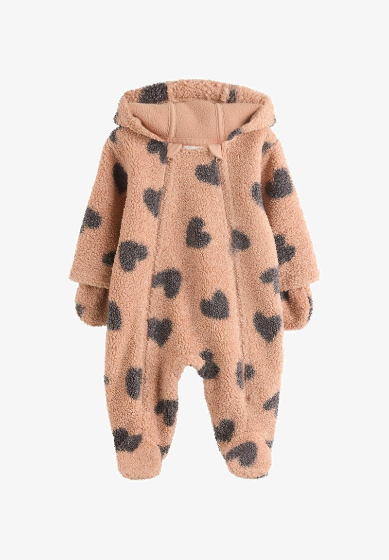 Rinnakujuline fliisor vahuveinis, hallide südame muster, hood ja kinnastega. Pehme tekstuur ja lõdvalt istuv disain.