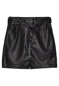 Černá sukně z faux kůže s páskem v pase, předními kapsami a hladkou texturou. Obsahuje středový šev a akcenty ze stříbrné barvy.