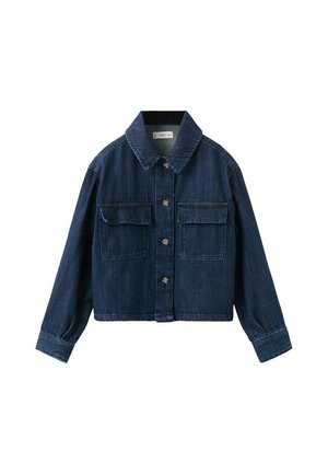 Mørkeblå cropped denimjakke med lange ærmer, knappelukning foran, spids krave og to brystlommer med klap.