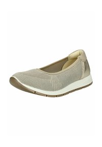 Zapato beige sin cordones con parte superior de punto texturizado, acentos lisos y una suela de goma ligera que presenta un patrón de relieve para mayor agarre.