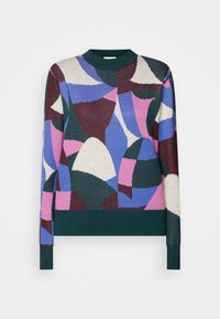 Monivärinen villapaita, jossa on abstrakti kuvio burgundin, vihreän, sinisen ja vaaleanpunaisen sävyissä. Neulottu kangas, jossa on kiinteä vihreä helma ja hihansuut.