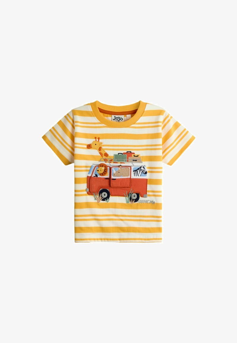Sárga-fehér csíkos kisgyermek ing piros busz alkalmazással, amely rajzfilm szafári állatokat és csomagokat visz a tetején.