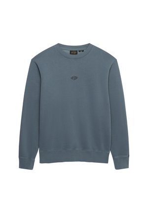 Niebieska bluza z długim rękawem i okrągłym dekoltem, z prążkowanymi mankietami i ściągaczem u dołu, z małym logo "Superdry" umieszczonym na środku klatki piersiowej.