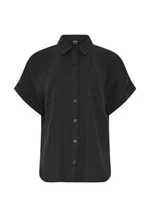 Camicia nera a maniche corte con bottoni, colletto e due tasche sul petto, vestibilità ampia e tessuto strutturato.