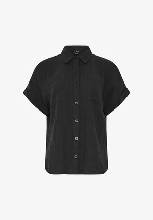 Chemise noire à manches courtes boutonnée avec col et deux poches poitrine, coupe ample et tissu texturé.