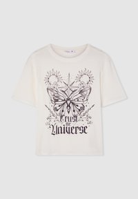 Kremowa bawełniana koszulka z krótkim rękawem, z czarnym nadrukiem przedstawiającym motyla, motywy słońca oraz tekst "Zaufaj Wszechświatowi".