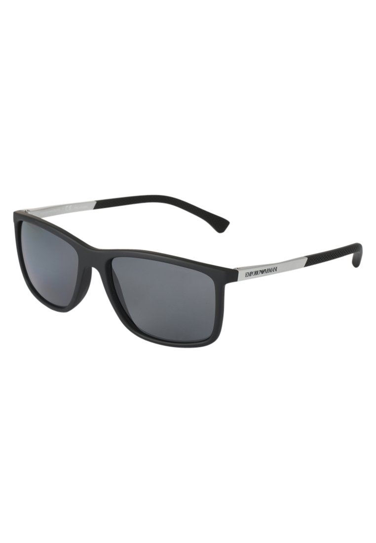Black rectangular sunglasses with dark lenses, featuring a matte finish, silver accents, and textured black temple arms.