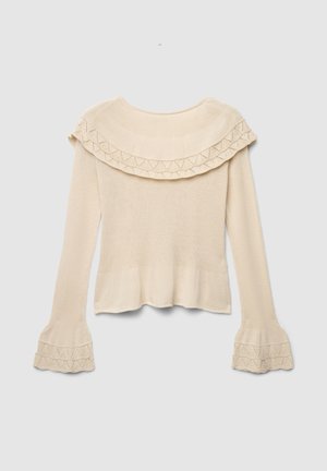 Cremefarbener, leichter Pullover mit einem strukturierten, gerafften Kragen und verzierten Glockenärmeln, die einen wellenförmigen Rand und Strickmuster-Details aufweisen.