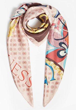 Foulard en soie avec motifs abstraits multicolores, chaînes et lettrage partiel en gras sur un fond rose doux, plié en boucle.