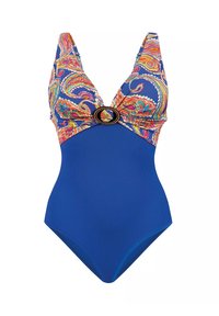 Jednoczęściowy kostium kąpielowy z niebieskim jednolitym dołem i kolorowym topem w wzór paisley, ozdobiony okrągłym czarnym akcentem na środku.