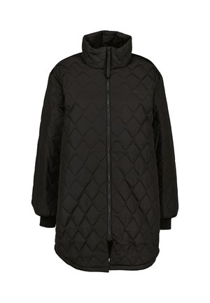 Schwarze gesteppte Jacke mit hohem Kragen, Reißverschluss und gerippten Bündchen. Verfügt über ein wellenförmiges Muster und einen knielangen Schnitt für Wärme.