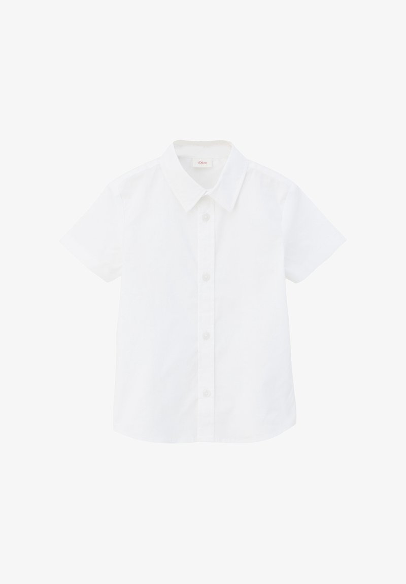 Chemise blanche à manches courtes avec boutons et col, affichée sur un fond blanc.
