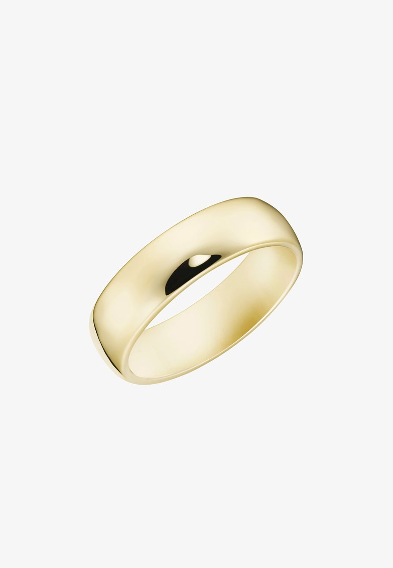 Goldene Eheringe, glatte Oberfläche, abgerundete Kanten, glänzende Veredelung, einheitliche Breite, schlichtes Design, leicht und poliert im Aussehen.