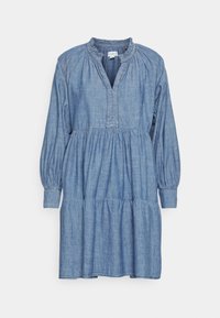 Vestido de ganga com mangas bufantes longas, colarinho mandarim e abertura com botões. Apresenta uma saia em camadas pregueada e textura suave em azul claro.