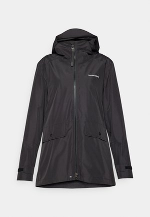 Schwarze wasserdichte Jacke mit Kapuze, Frontreißverschluss, zwei unteren Klapptaschen und verstellbaren Bündchen. Glatte Textur und funktionelles Design.