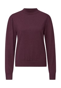 Bordeauxroter Pullover mit hohem Kragen, langen Ärmeln und einem anliegenden Saum. Glatte Textur mit dezenten Rippen am Kragen und an den Bündchen.