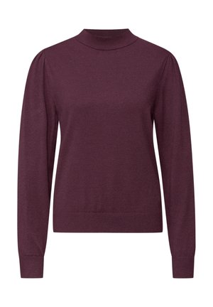 Vínový pulovr s vysokým límcem, dlouhými rukávy a přiléhavým lemem. Hladká textura s jemným žebrováním na límci a manžetách.