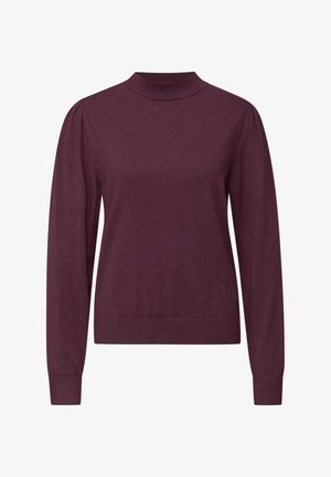 Tummanpunainen pusero korkealla kauluksella, pitkillä hihoilla ja istuvalla helmalla. Sileä pinta, jossa hento ribbineulos kauluksessa ja hihansuut.