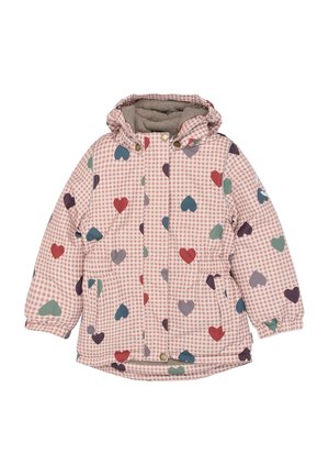 Veste d'hiver enfant à carreaux roses avec motifs de cœurs multicolores, capuche, fermeture éclair à l'avant et poignets élastiqués.
