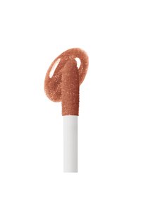 Lepomade med en lys brun nyanse som glitrer på en hvit applikator. Teksturen ser jevn og glossy ut med en myk, avrundet spiss.