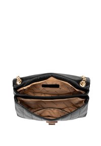 Black leather handbag with a quilted design, gold-tone hardware, two compartments, and a beige lining featuring a repeating logo pattern.