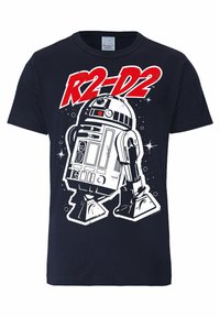 Navy blue cotton t-shirt featuring a graphic design of R2-D2 in white, with bold red "R2-D2" text above the illustration.