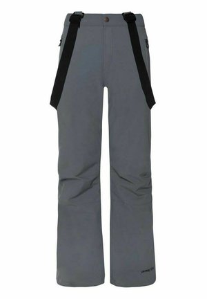 Pantaloni da neve grigi con bretelle nere, caratterizzati da un design a gamba dritta e una superficie liscia, dotati di tasche laterali e chiusura a bottone.