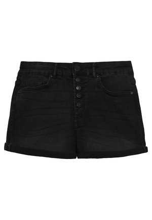 Schwarze Denim-Shorts mit hoher Taille, Fünf-Knopf-Verschluss und umgeschlagenem Saum. Verfügt über Vordertaschen und eine glatte Textur.