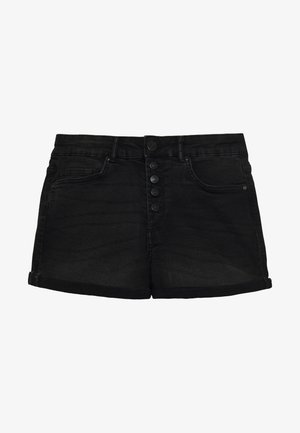 Black denim shorts with a high waist, five-button closure, and rolled hem. Features front pockets and a smooth texture.