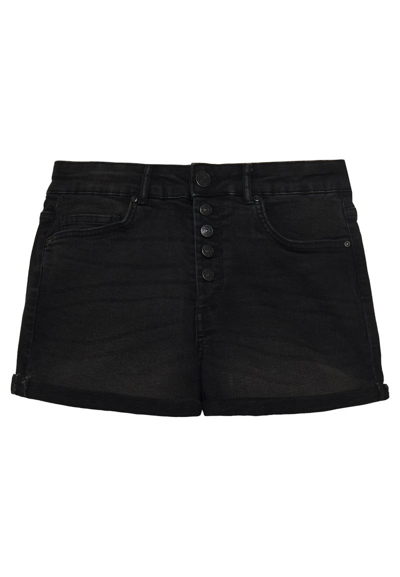 Černé džíny šortky s vysokým pasem, zapínání na pět knoflíků a ohrnutým lemem. Mají přední kapsy a hladkou texturu.