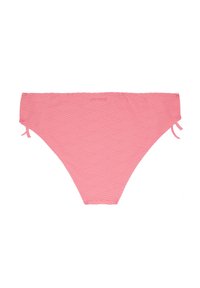Rožinė bikini kelnaitė su tekstūruotu zigzagu raštu, su šoninėmis virvutėmis pritaikymui. Pagaminta iš minkštos, tamprios medžiagos.
