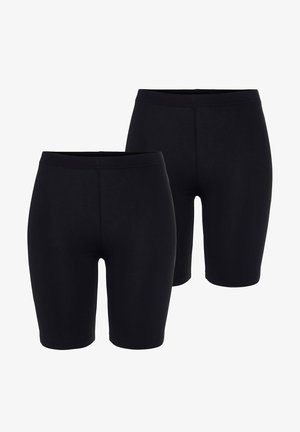 Schwarze dehnbare Shorts mit einer glatten Textur und elastischem Bund. Entwickelt für eine enganliegende Silhouette, geeignet für aktive Freizeitkleidung.