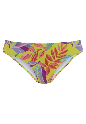 Bikiniunterteil mit einem leuchtend gelben Grundton und mehrfarbigen Blattmustern in Pink, Lila und Grün. Glatte Textur und mittelhoher Schnitt.