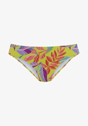 Bikiniunterteil mit einem leuchtend gelben Grundton und mehrfarbigen Blattmustern in Pink, Lila und Grün. Glatte Textur und mittelhoher Schnitt.